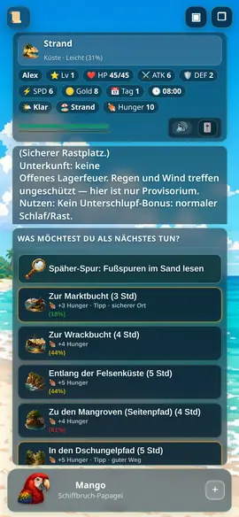 Insel-Abenteuer auf dem Handy: oben Ort und Werte, darunter der Text und die Aktionen, unten Mango der Papagei.