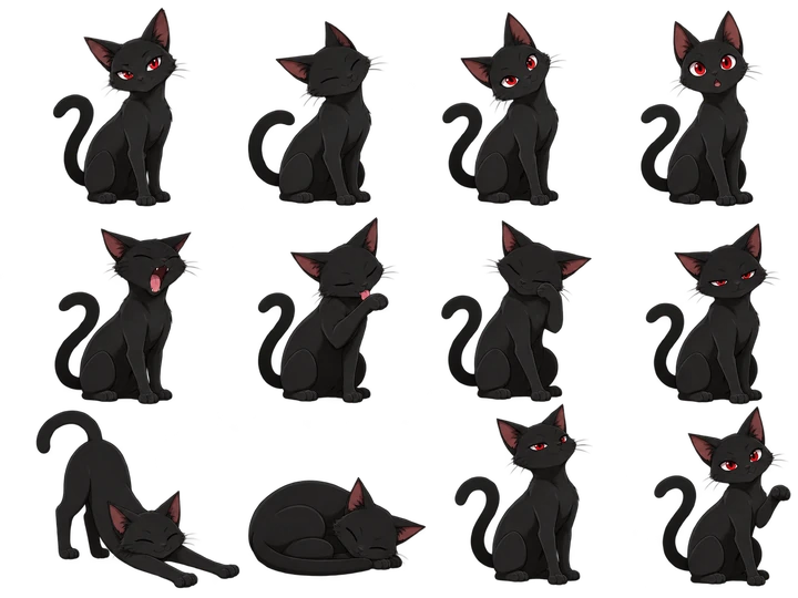 Zwölf Bilder der Katze Ryu: sitzend, mit geschlossenen Augen, überrascht, gähnend, beim Putzen, beim Strecken, schlafend und mit erhobener Pfote.