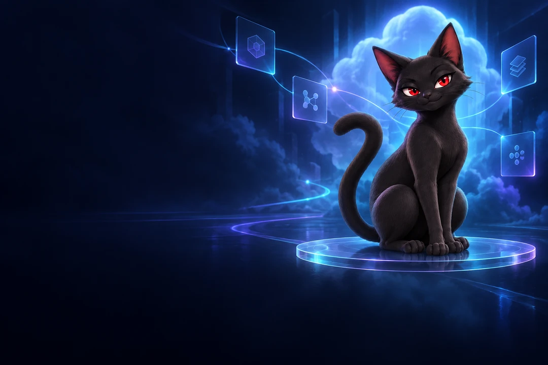 Ryu, eine schwarze Katze mit roten Augen, sitzt auf einer leuchtenden Plattform vor blauen Wolken.