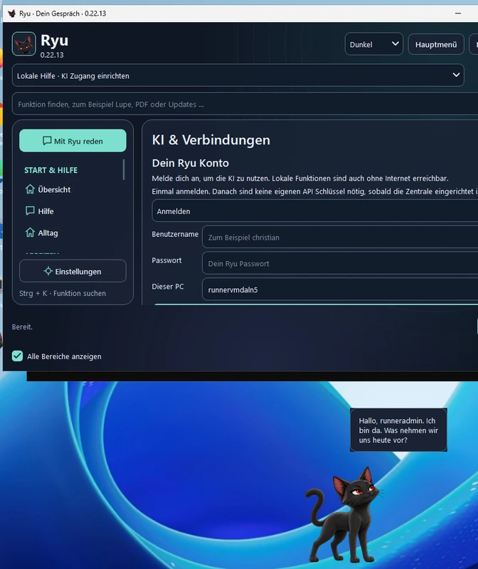 Windows-Desktop mit dem Fenster der Ryu Zentrale im dunklen Modus. Links das Menü mit Mit Ryu reden, Übersicht, Hilfe und Alltag, rechts die Anmeldung zum Ryu Konto. Darunter sitzt die Katze Ryu auf dem Desktop und sagt in einer Sprechblase Hallo.